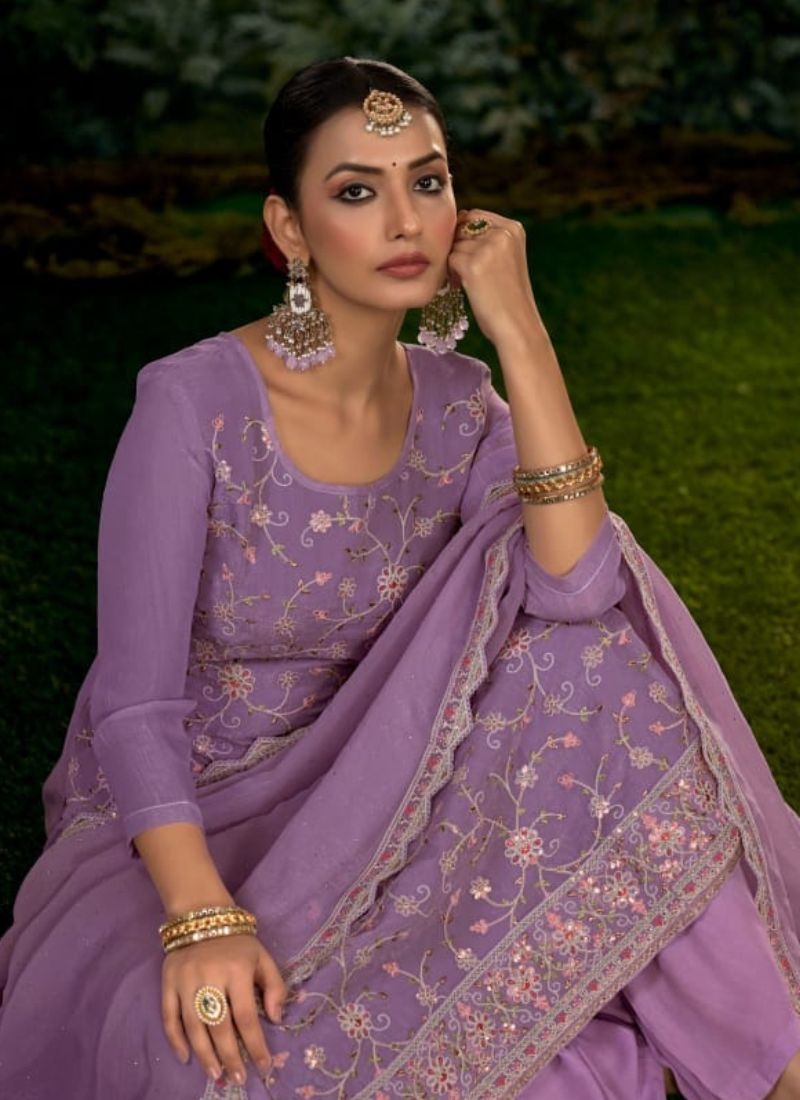 Designer Zarkan embroidered crunchi silk kurta pant suit in purple