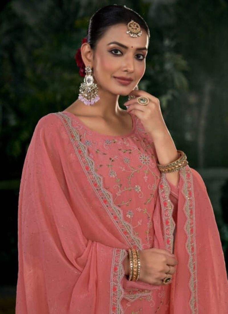 Designer Zarkan embroidered crunchi silk kurta pant suit in peach