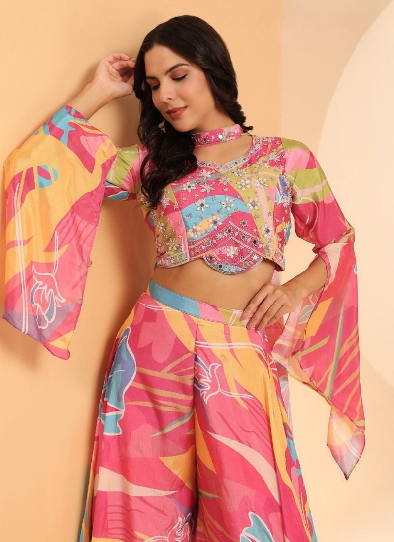 Designer digital printed satin silk crop top set in pink