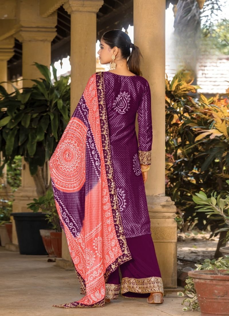 Gorgeous digital printed real Chinon palazzo suit in purple