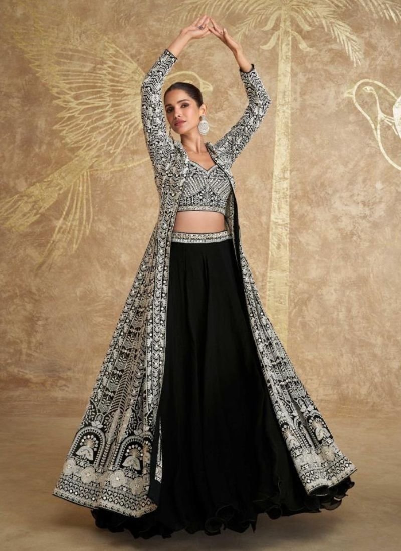 Exquisite embroidered real georgette crop top with long shrug in black