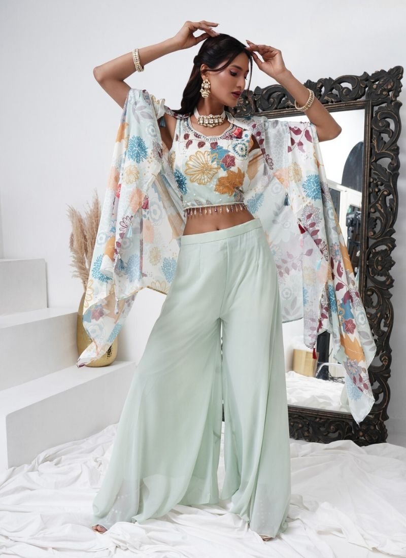 Trendy floral printed georgette crop top with shrug in sky blue