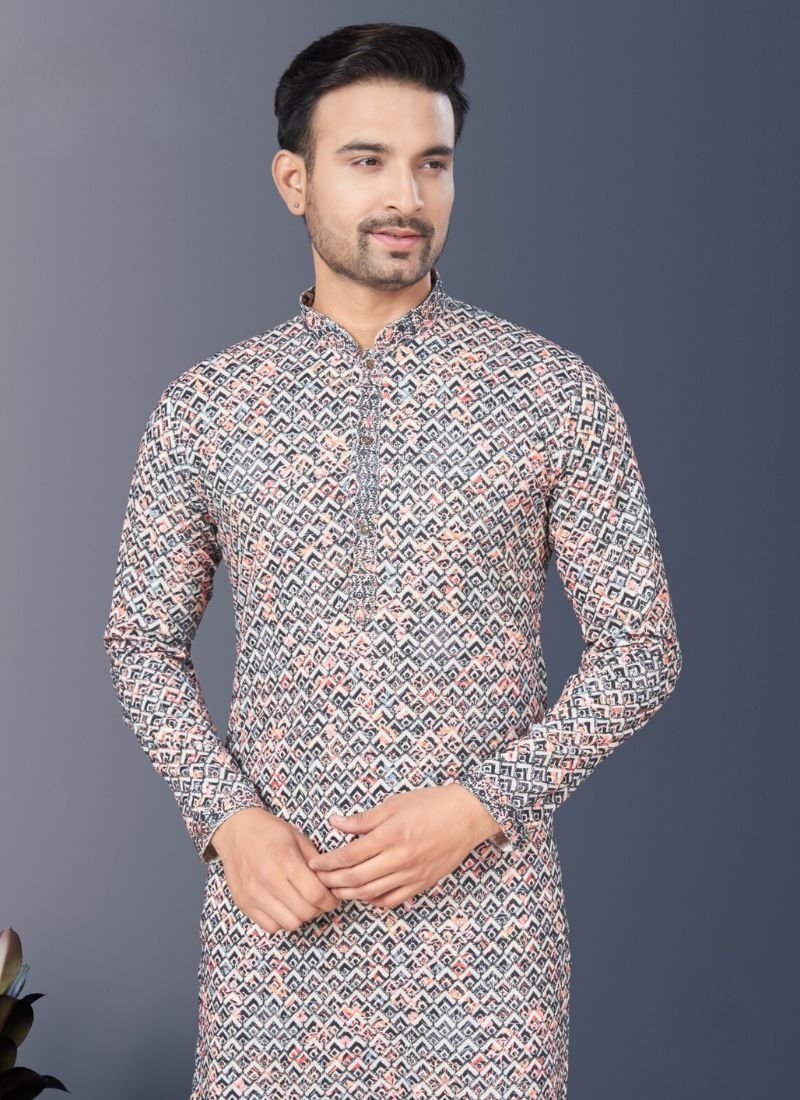 Stunning heavy digital printed cotton kurta pajama for men in grey