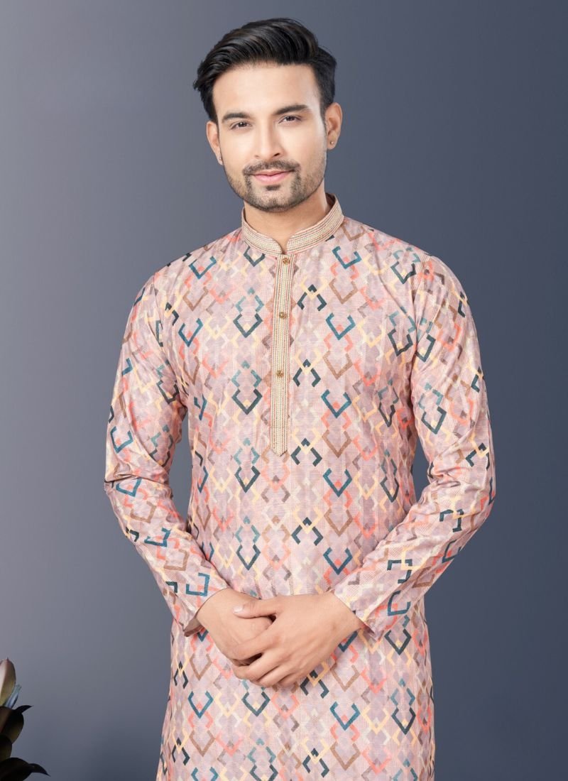 Stunning heavy digital printed cotton kurta pajama for men in baby pink