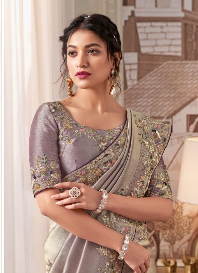 Beautiful embroidered organza silk saree in grey