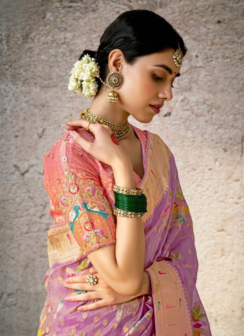 Stunning embroidered banarasi silk saree in light purple