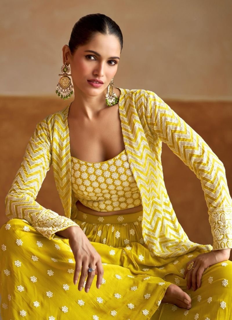 Beautifully hand embroidered georgette crop top with long shrug in yellow