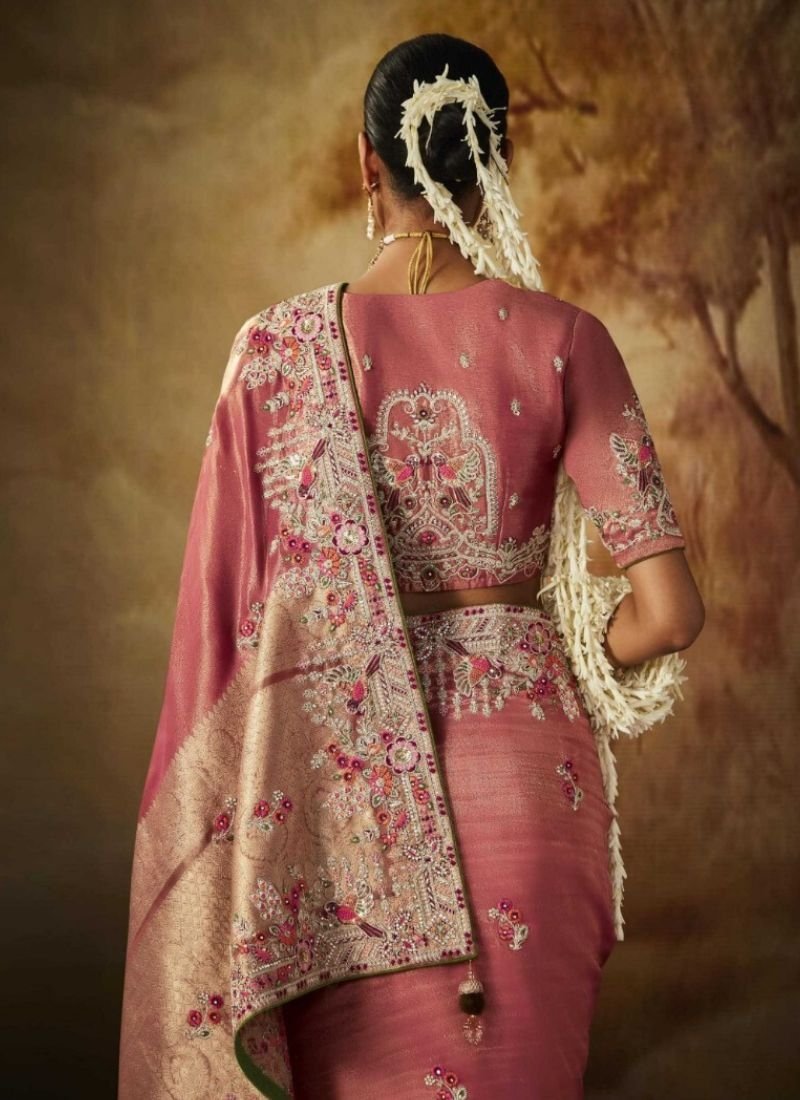 Stylish heavy coding embroidered silk saree in pink