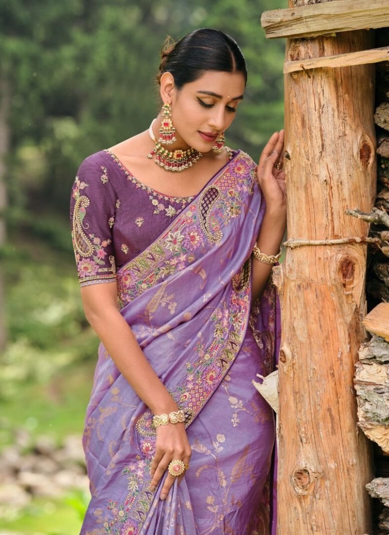 Beautiful hand embroidered organza silk saree in purple