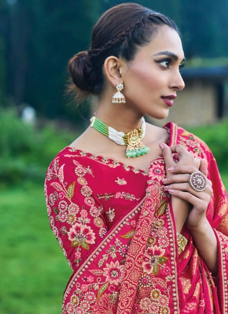 Beautiful hand embroidered organza silk saree in red