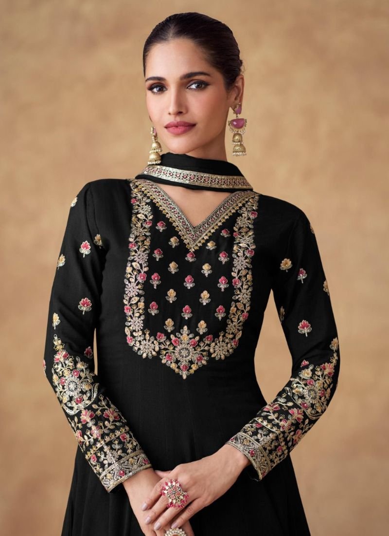 Beautiful embroidered Chinon long Anarkali with dupatta in black