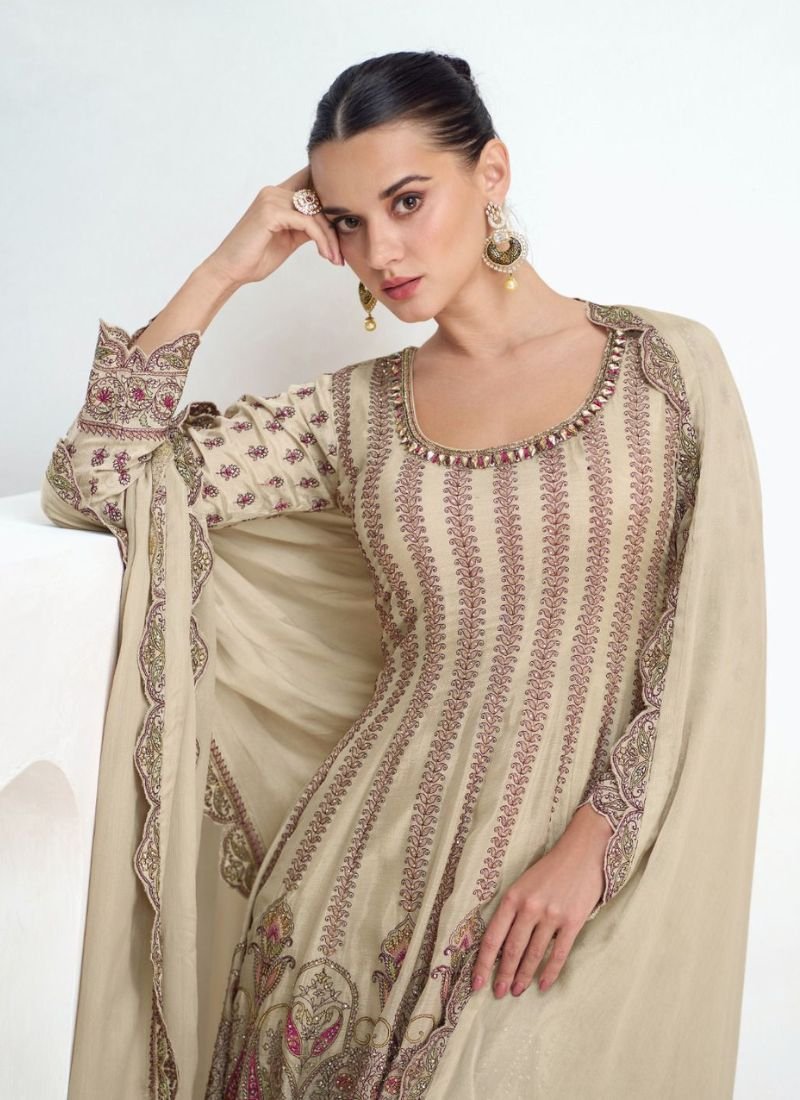 Heavy embroidered Chinon silk palazzo suit in beige