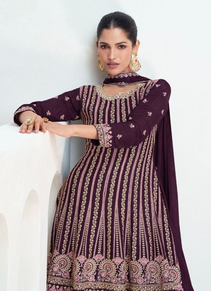 Heavy embroidered Chinon silk palazzo suit in dark violet