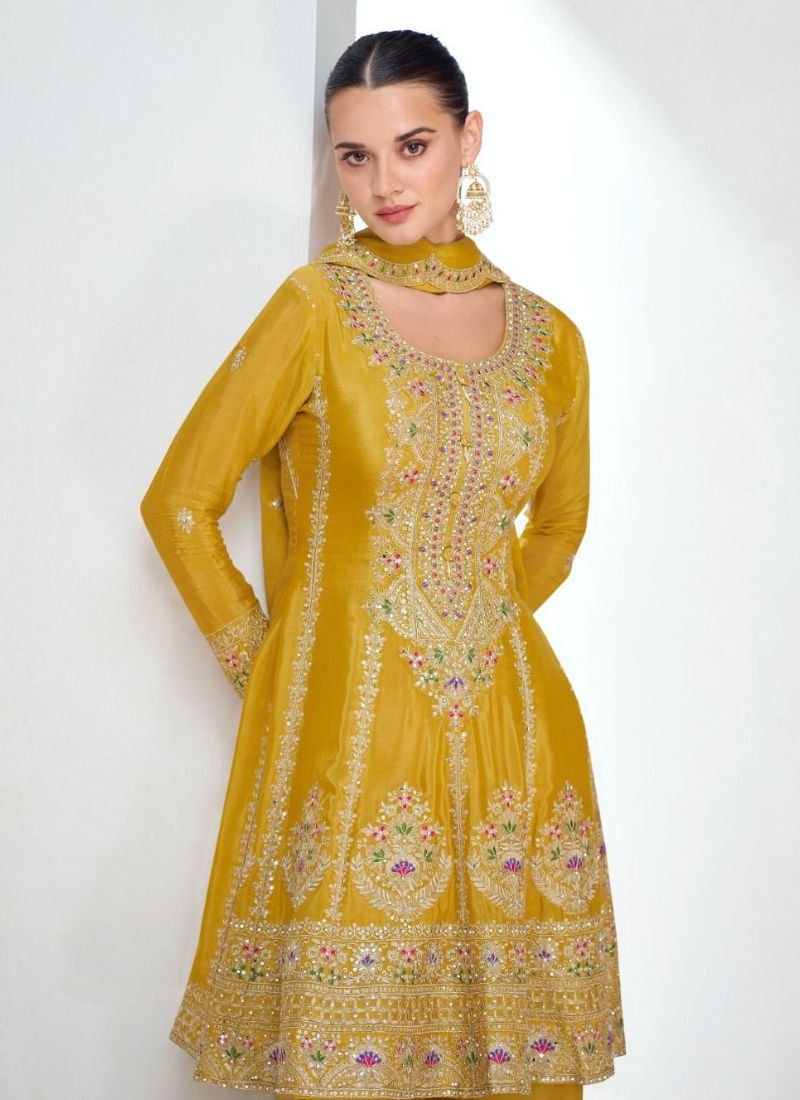 Heavy embroidered Chinon silk palazzo suit in yellow