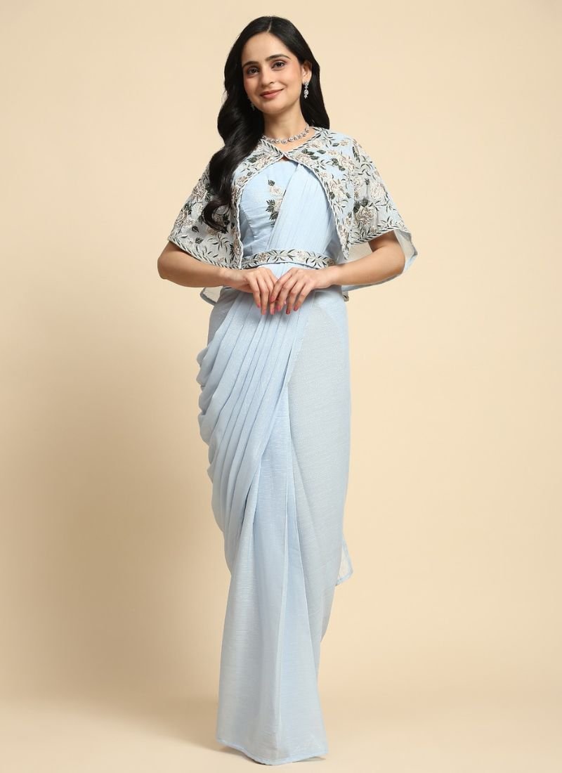 Stylish embroidered chiffon saree with printed jacket in sky blue