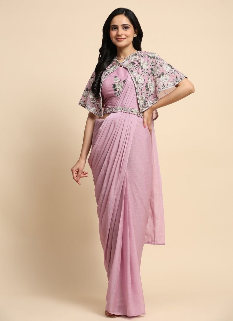 Stylish embroidered chiffon saree with printed jacket in pink