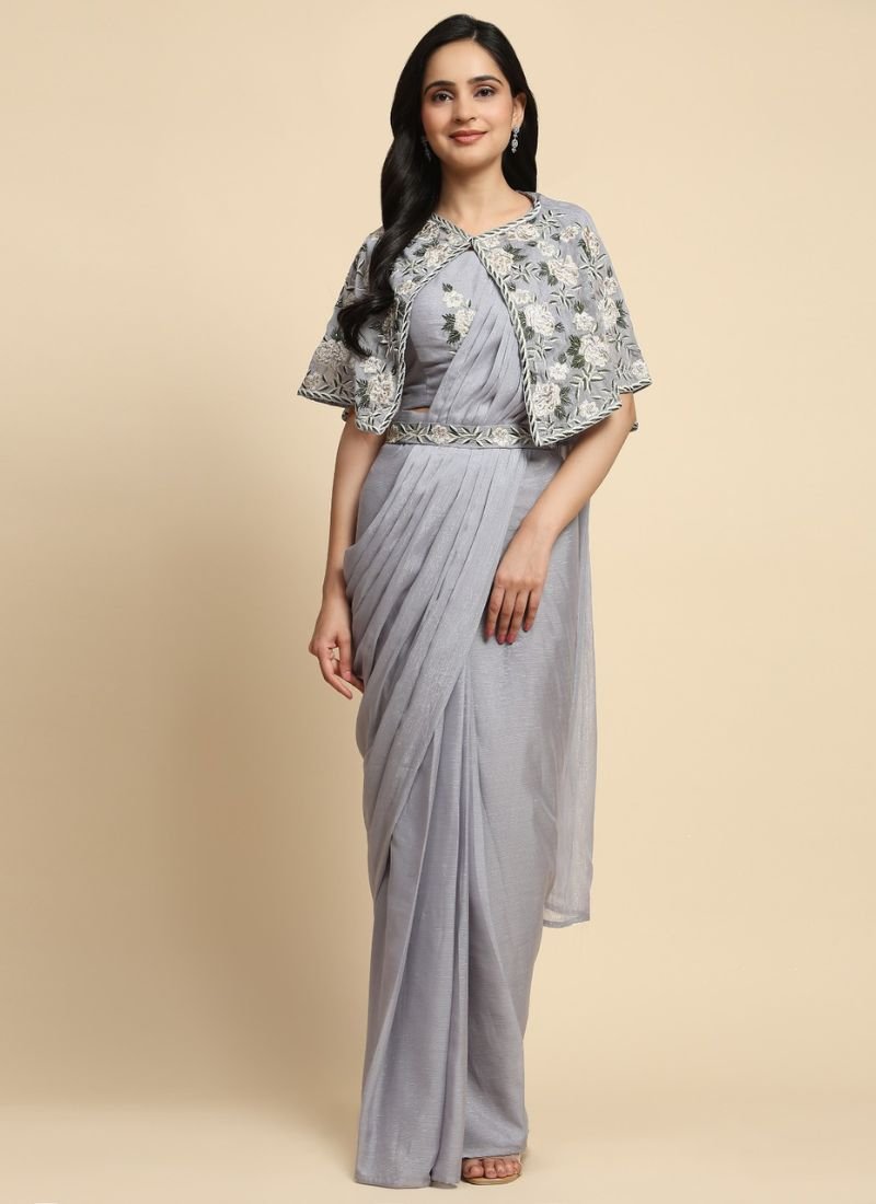 Stylish embroidered chiffon saree with printed jacket in grey