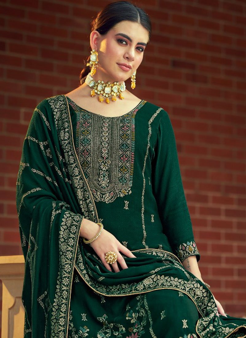 Stylish jacquard printed pashmina pantsuit in dark green