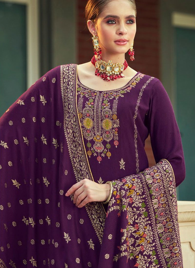 Stylish jacquard printed pashmina pantsuit in dark purple