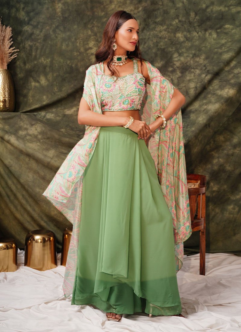 Beautiful floral embroidered georgette crop top set in green