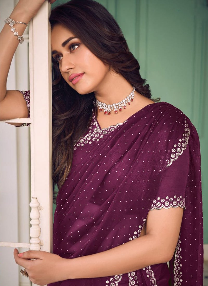 Designer thread embroidered chiffon saree in magenta