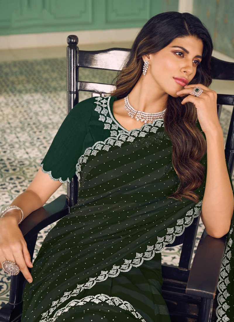 Designer thread embroidered chiffon saree in dark green