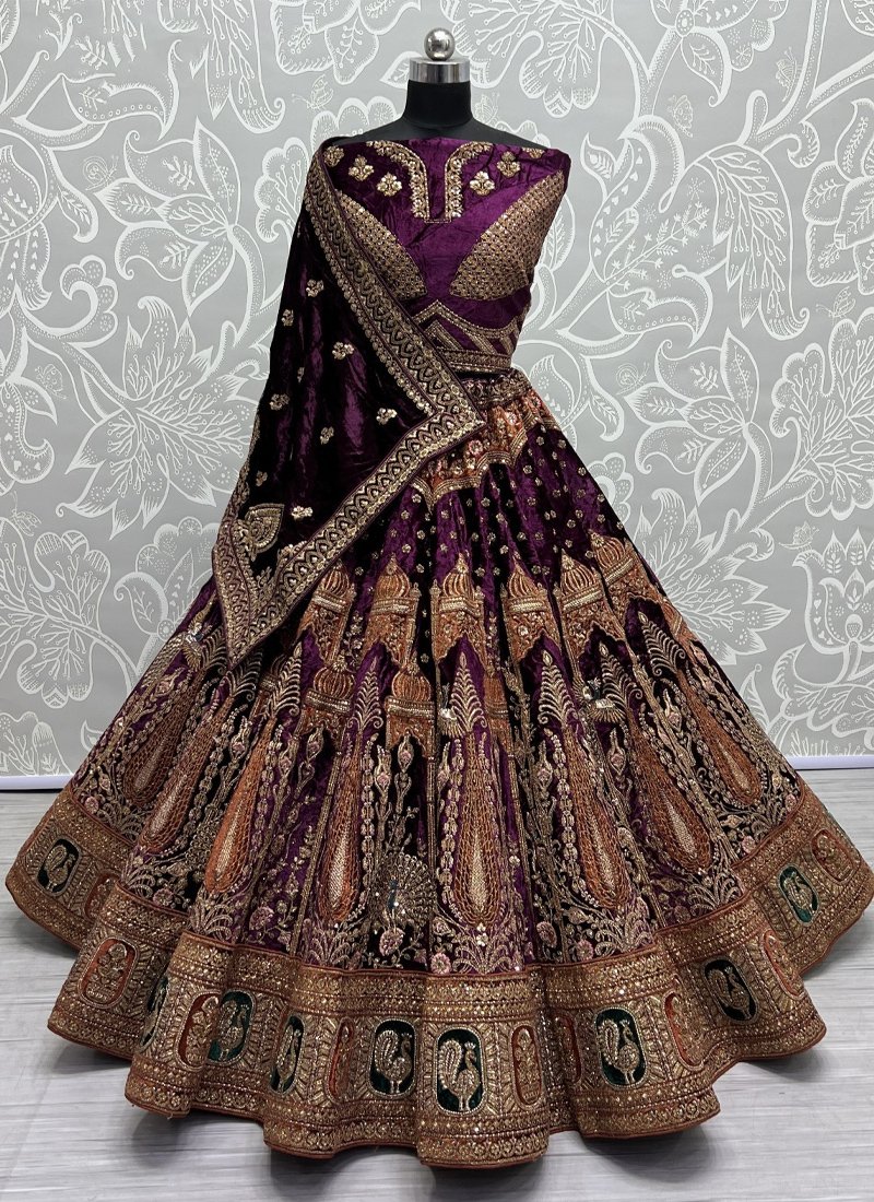 Bridal heavy embroidered soft velvet lehenga choli in purple