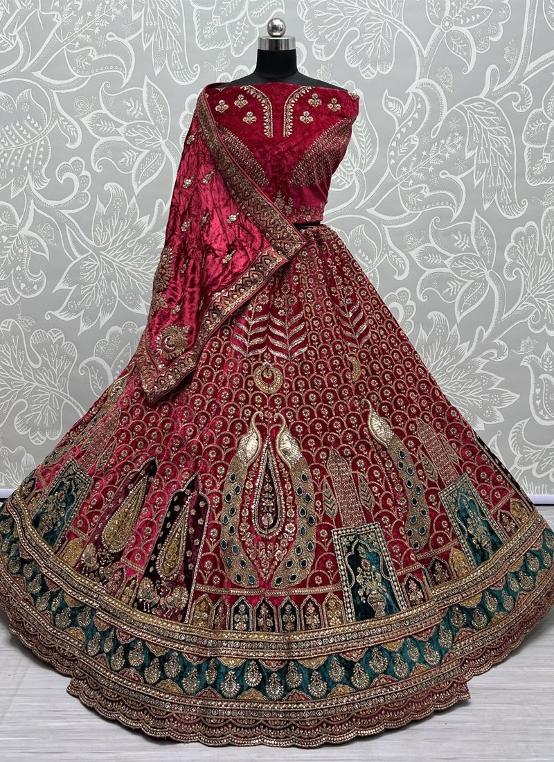 Bridal zari embroidered velvet lehenga choli in red