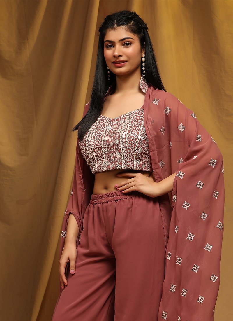 Designer thread embroidered georgette crop top in brown