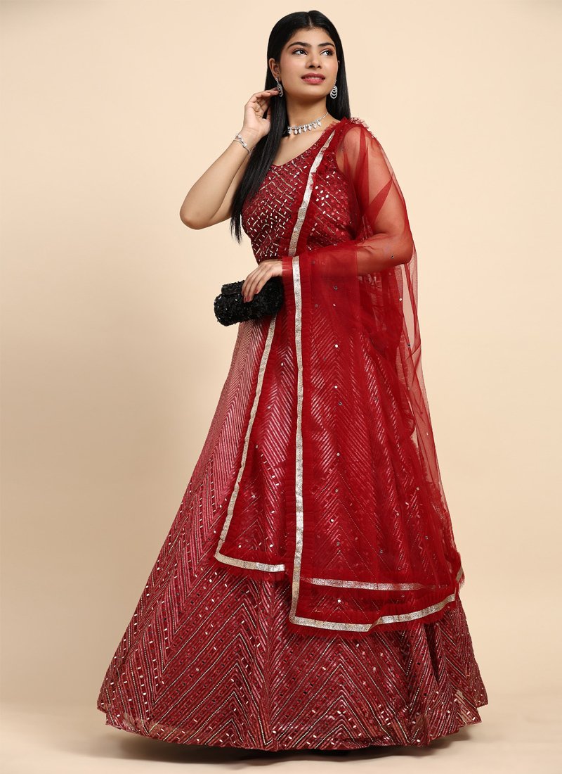 Elegant mirror embroidered organza lehenga in red