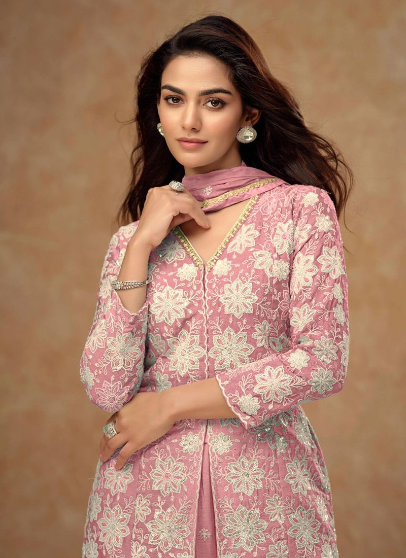 Elegant heavy embroidered chinon palazzo set in pink