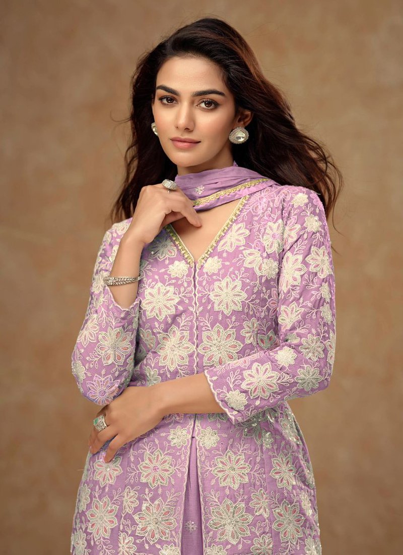 Elegant heavy embroidered chinon palazzo set in purple