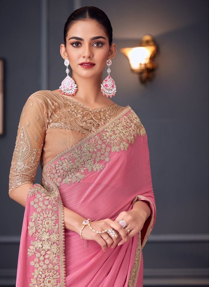 Beautiful heavy floral embroidered satin silk saree in pink