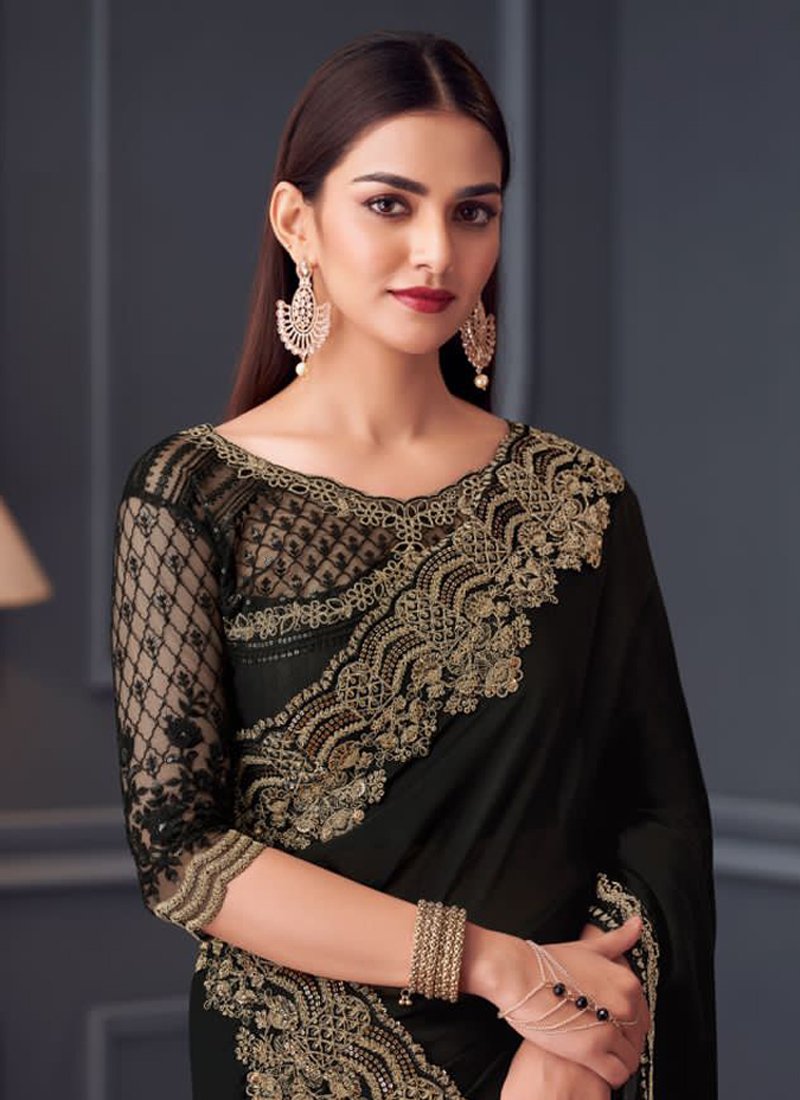 Beautiful heavy floral embroidered satin silk saree in black