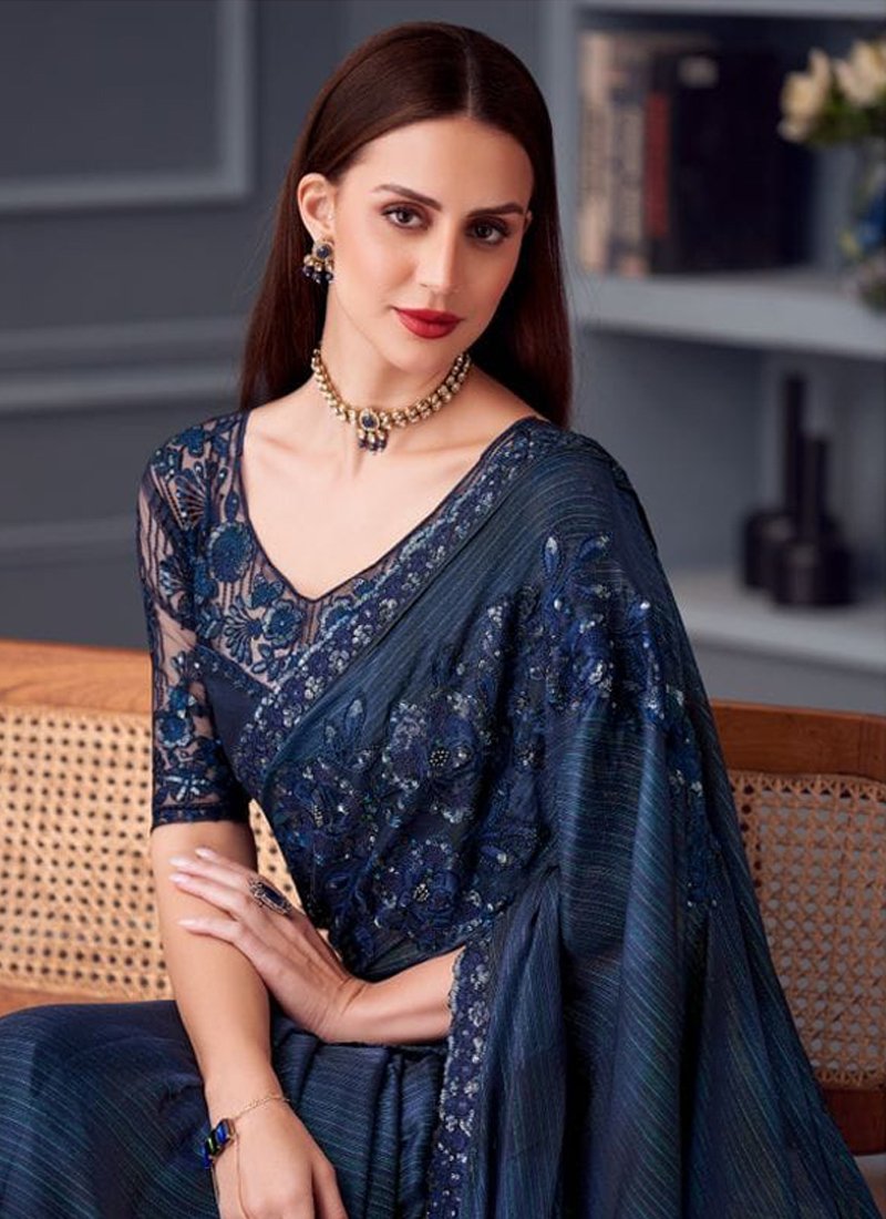 Beautiful heavy floral embroidered satin silk saree in navy blue