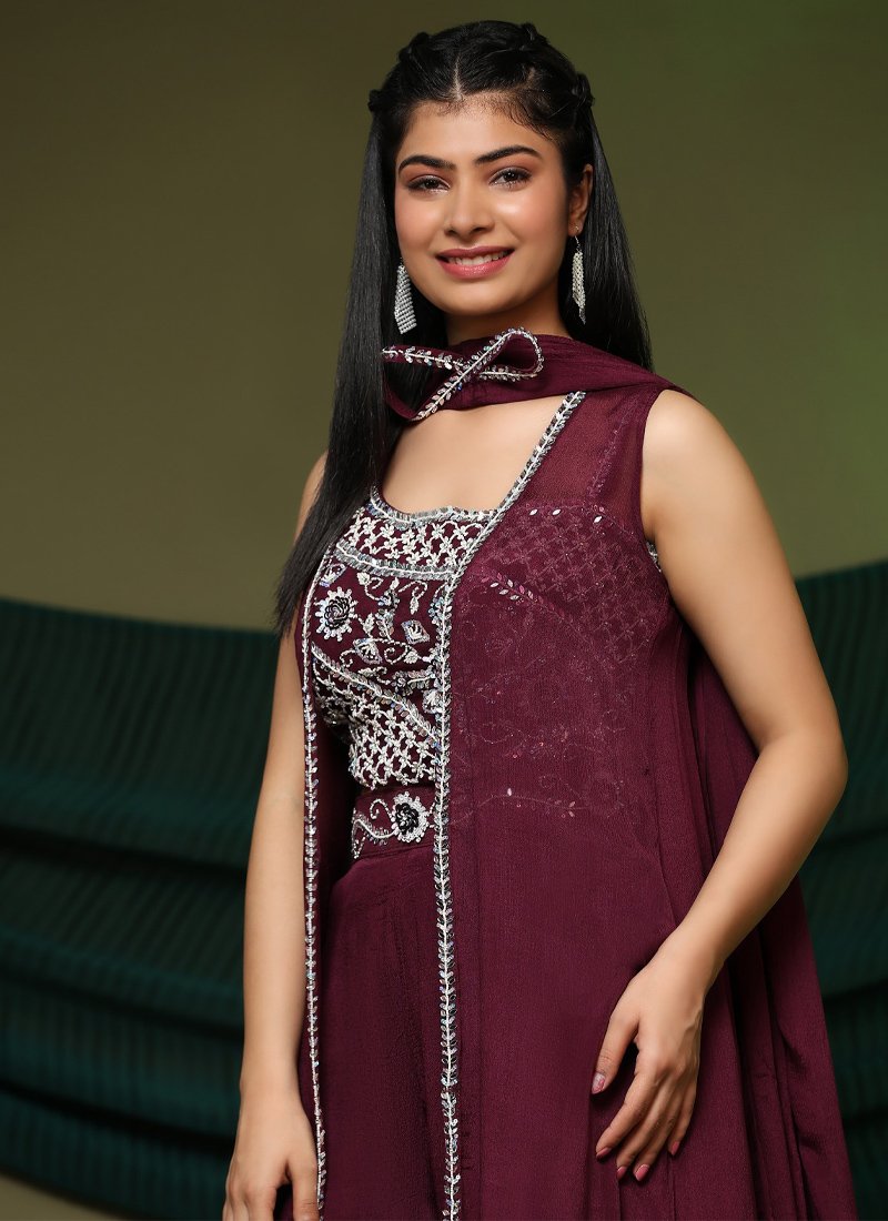 Stunning hand embroidered chinon crop top set in maroon