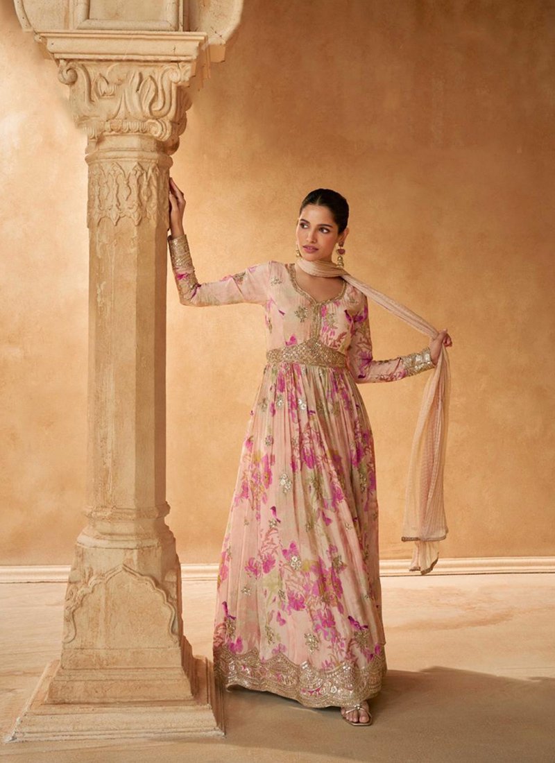 Stylish floral digital printed chinon Anarkali suit in baby pink