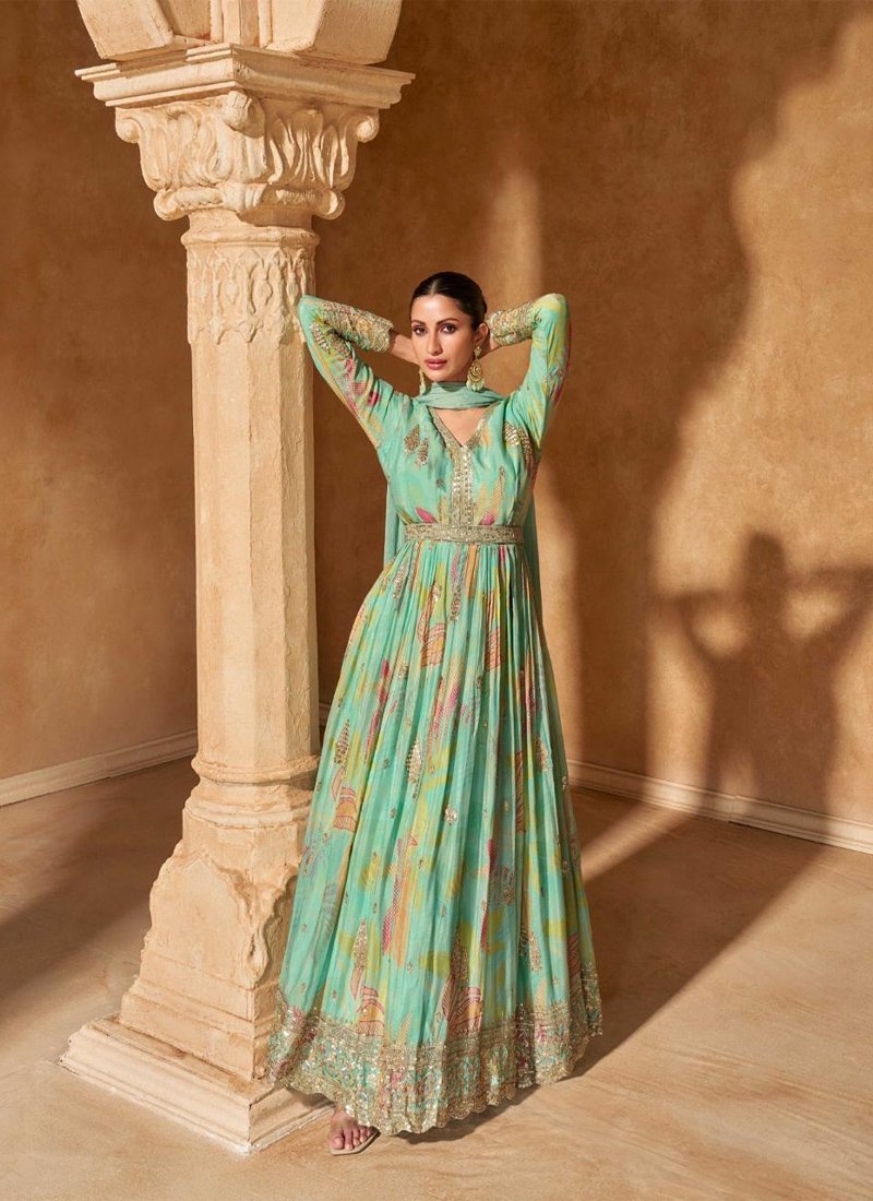 Stylish floral digital printed chinon Anarkali suit in green