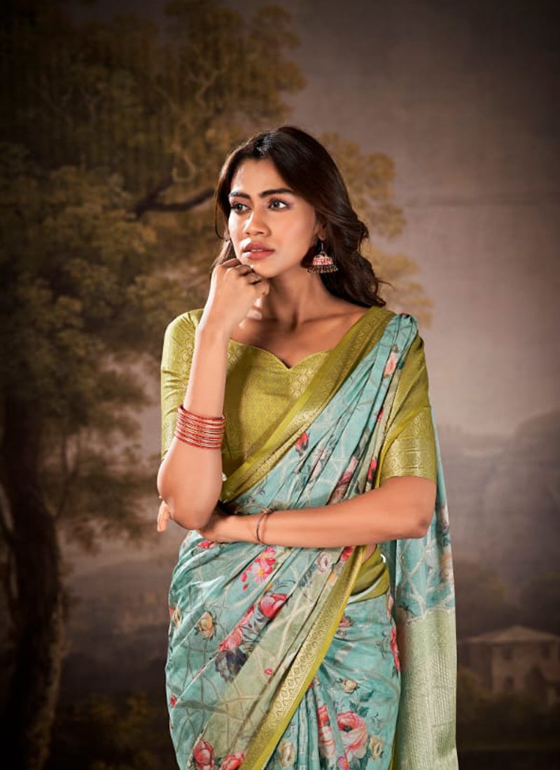 Elegant floral printed cotton silk saree in blue