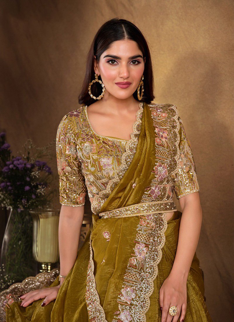 Exquisite mirror embroidered organza silk saree in mustard