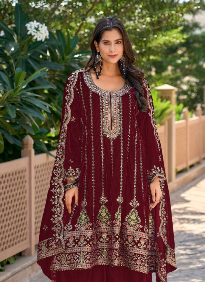 Trendy Velvet Kurta palazzo set in Maroon