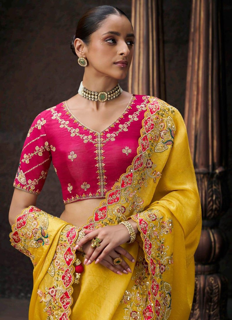 Designer zari embroidered viscose tissue saree in yellow