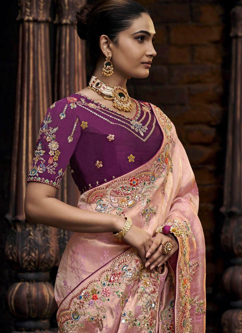 Designer zari embroidered viscose tissue saree in light pink