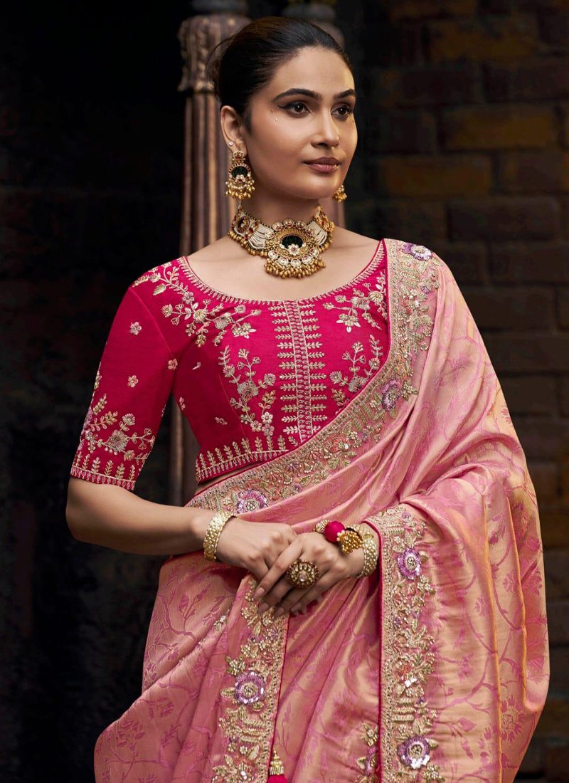 Designer zari embroidered viscose tissue saree in baby pink