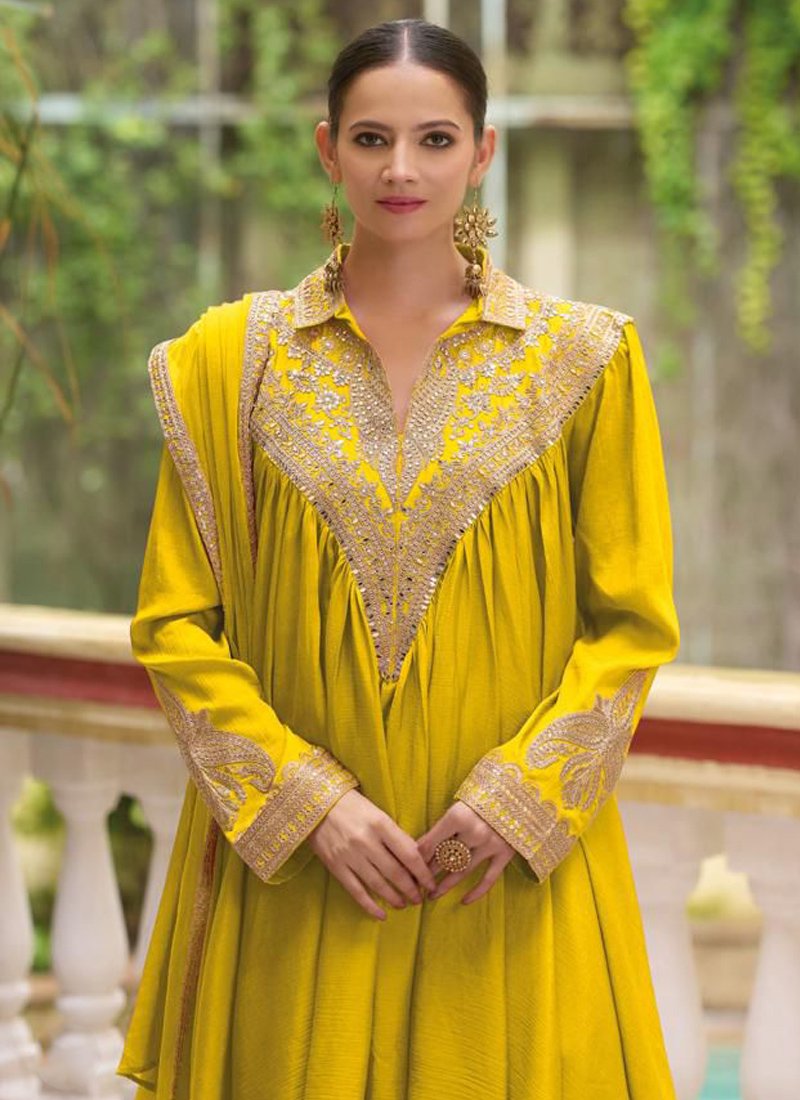 Designer thread embroidered pure chinon salwar suit in yellow