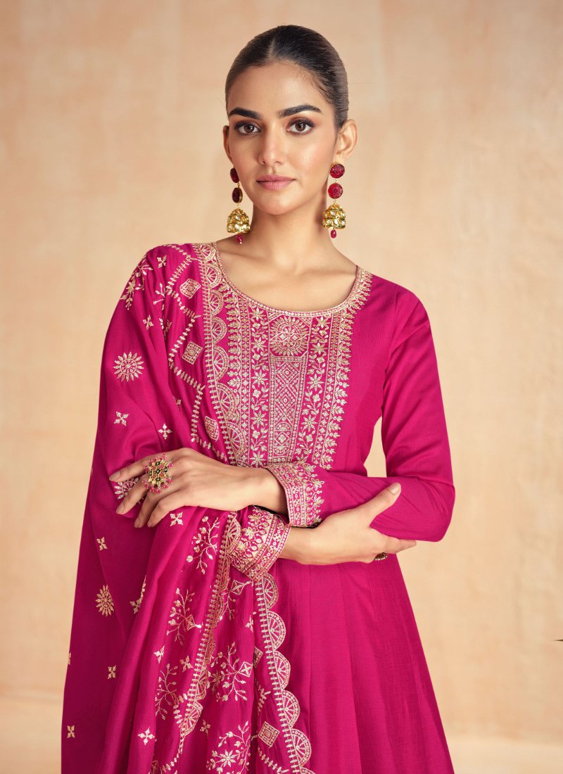 Stylish thread embroidered silk anarkali suit in pink