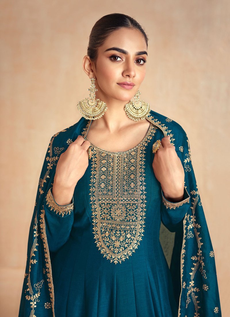 Stylish thread embroidered silk anarkali suit in dark blue