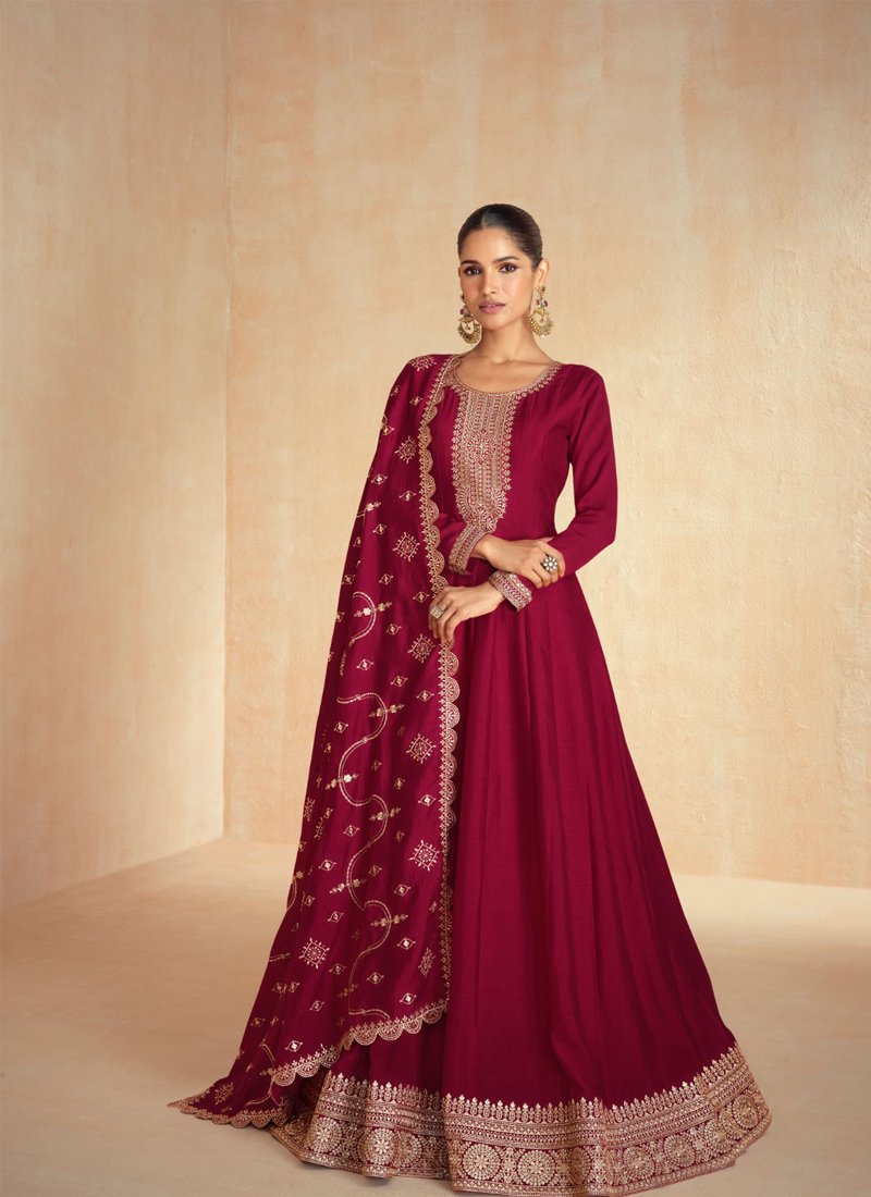 Stylish thread embroidered silk anarkali suit in maroon