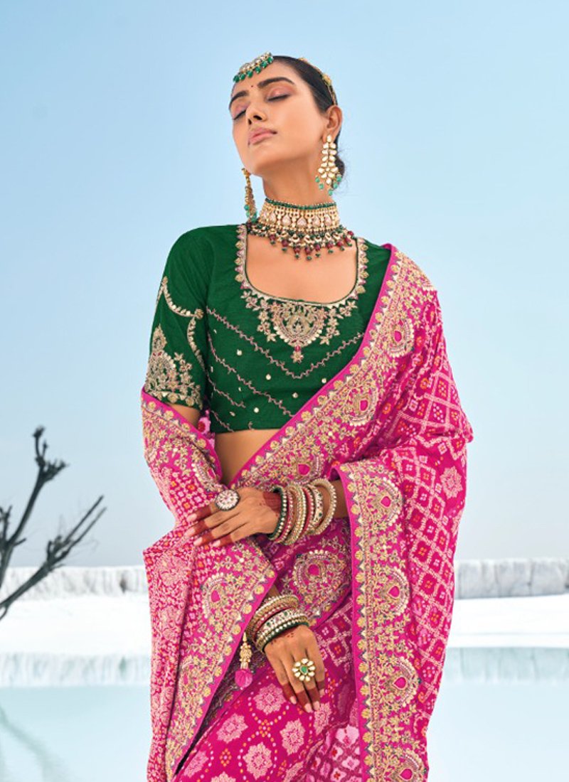 Beautiful bandani printed pure georgette saree in magenta pink