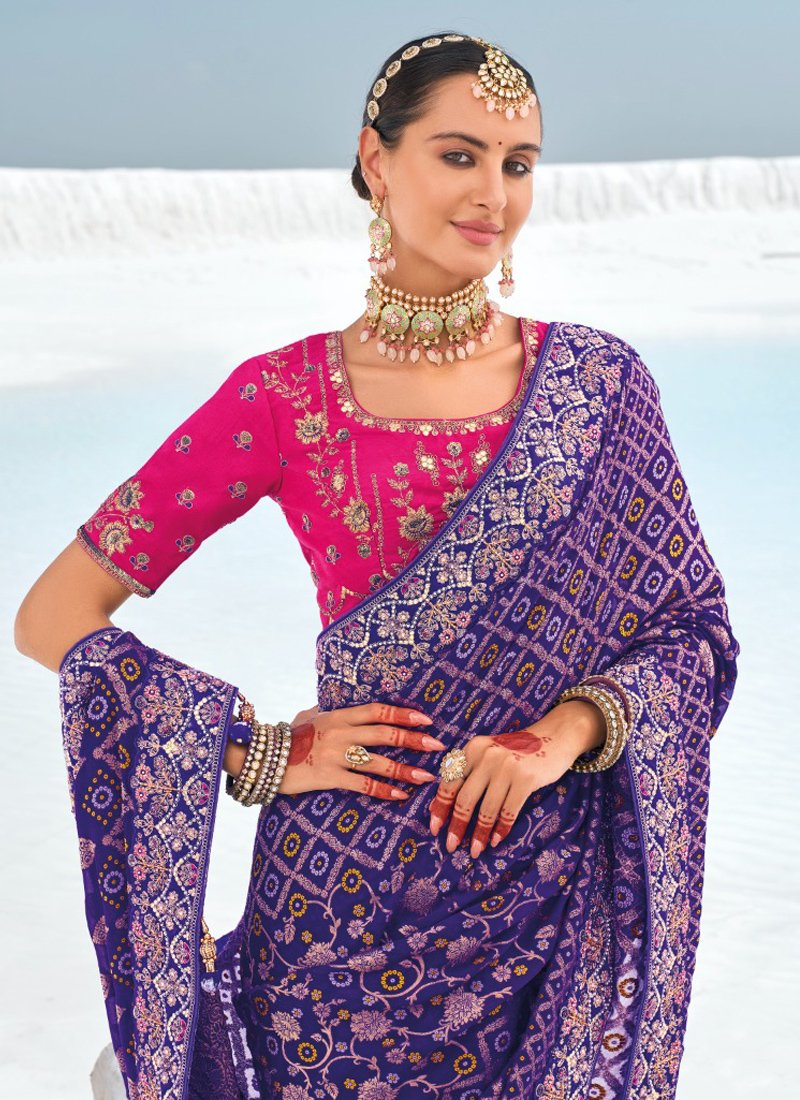 Beautiful bandani printed pure georgette saree in violet